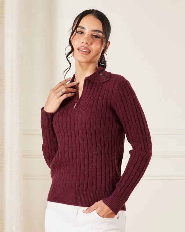 Women Burgundy Knitted Top sold by Redtag
