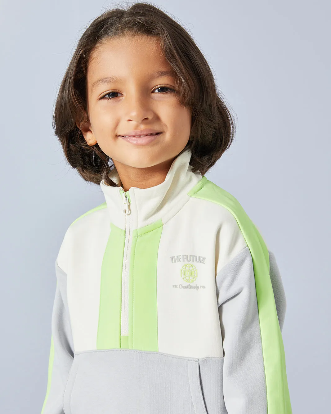 Boys White Paneled Zip Placket Kangaroo Pocket Sweatshirt sold by Redtag product image thumbnail 4