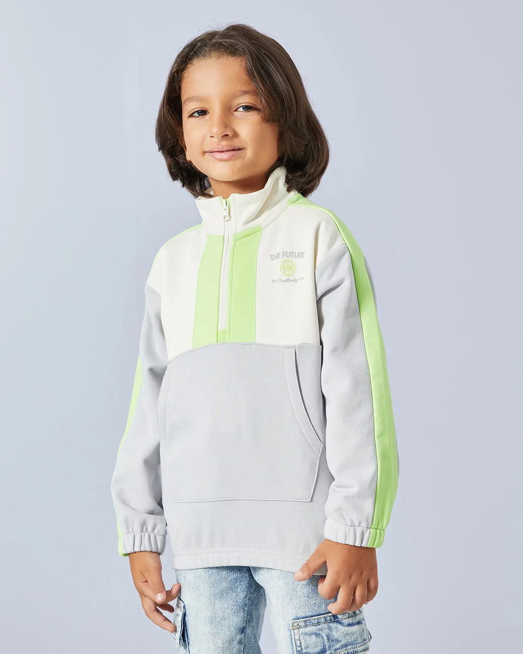 Boys White Paneled Zip Placket Kangaroo Pocket Sweatshirt sold by Redtag