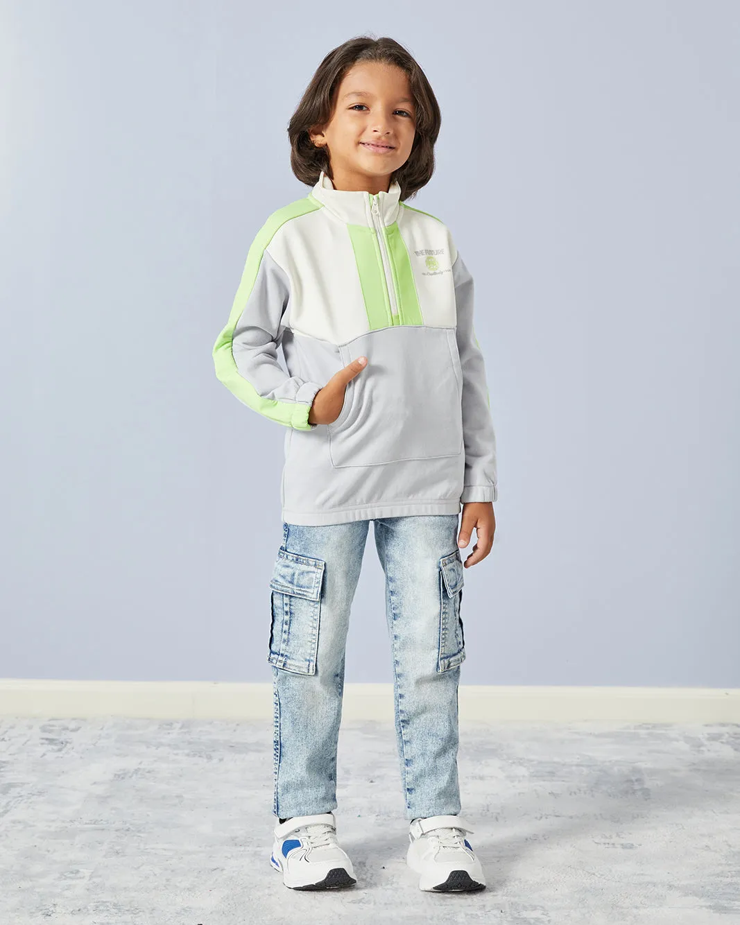 Boys White Paneled Zip Placket Kangaroo Pocket Sweatshirt sold by Redtag product image thumbnail 2