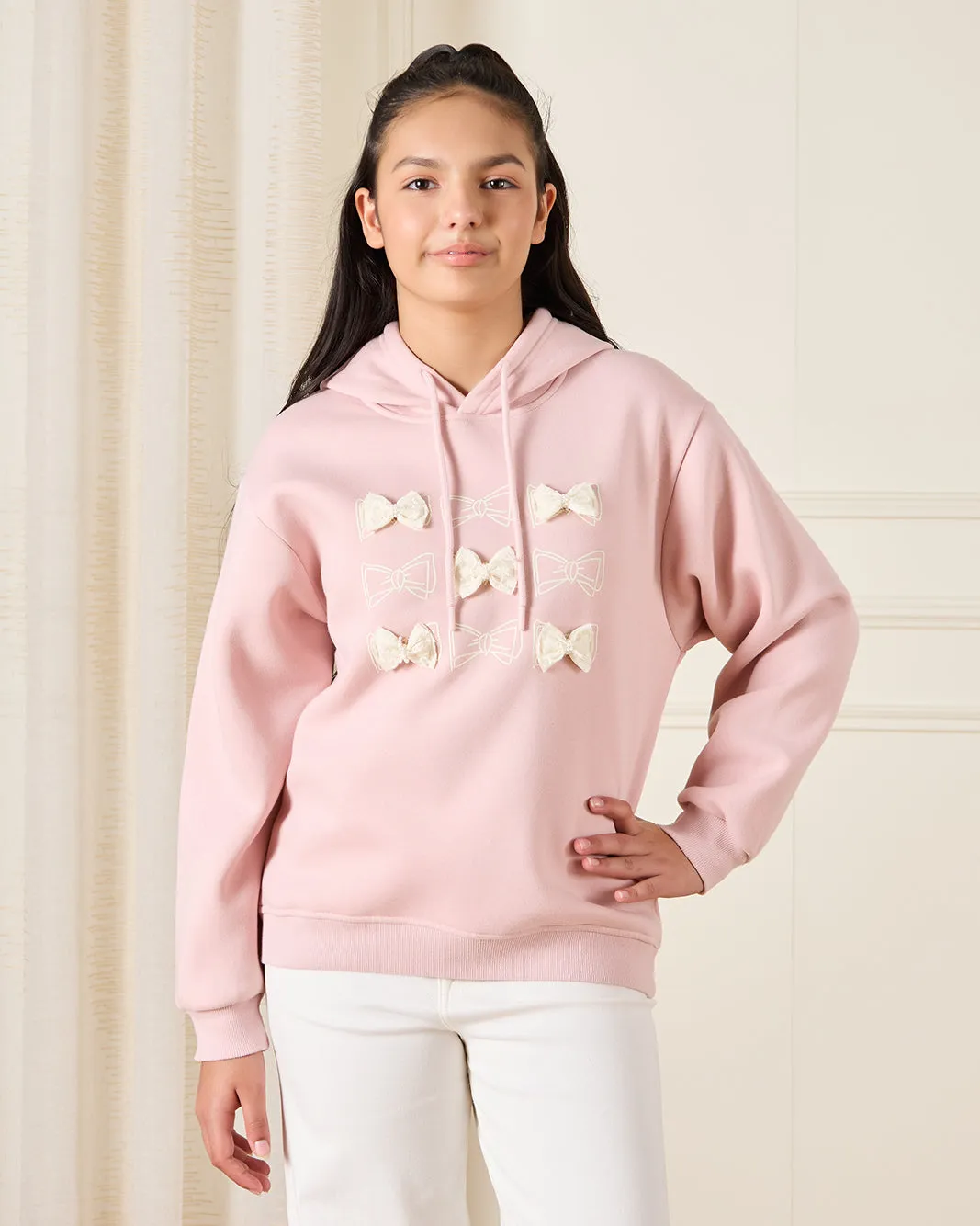 Senior Girls Pink Hooded Sweatshirt Embellished With Bow sold by Redtag