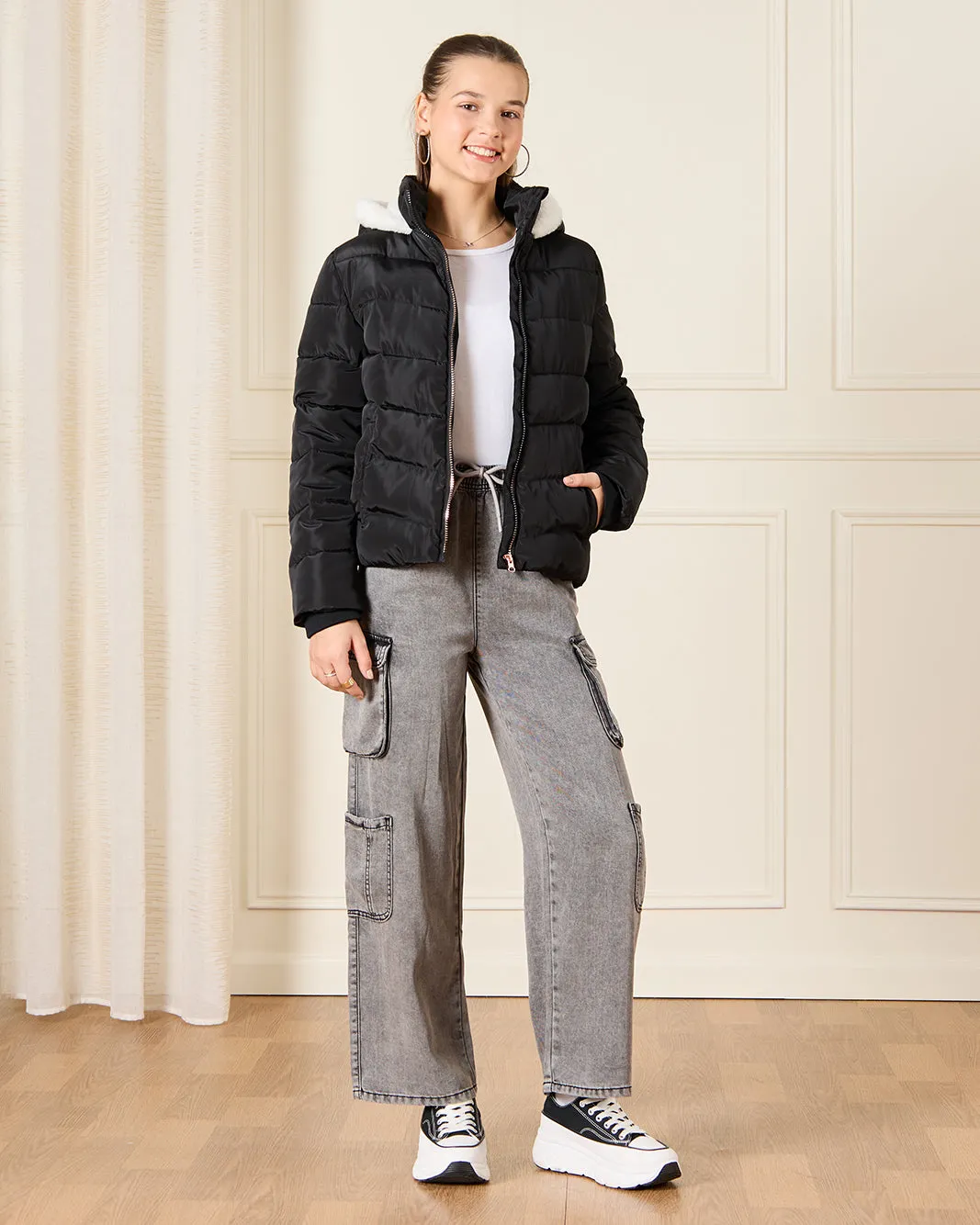 Senior Girls Black Hooded Padded Jacket With Fur Lining sold by Redtag product image thumbnail 2