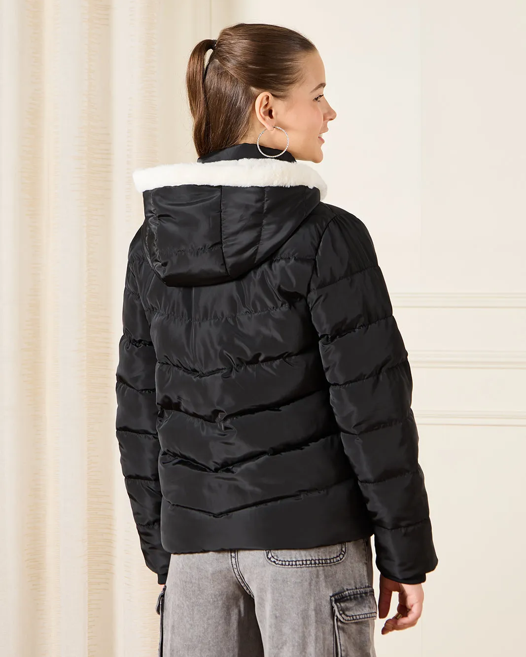 Senior Girls Black Hooded Padded Jacket With Fur Lining sold by Redtag product image thumbnail 3
