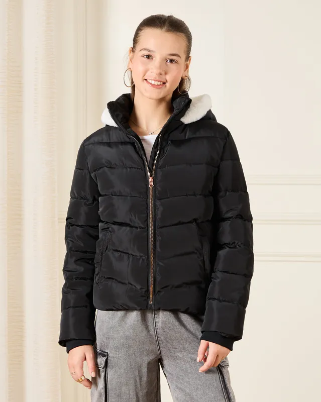 Senior Girls Black Hooded Padded Jacket With Fur Lining sold by Redtag
