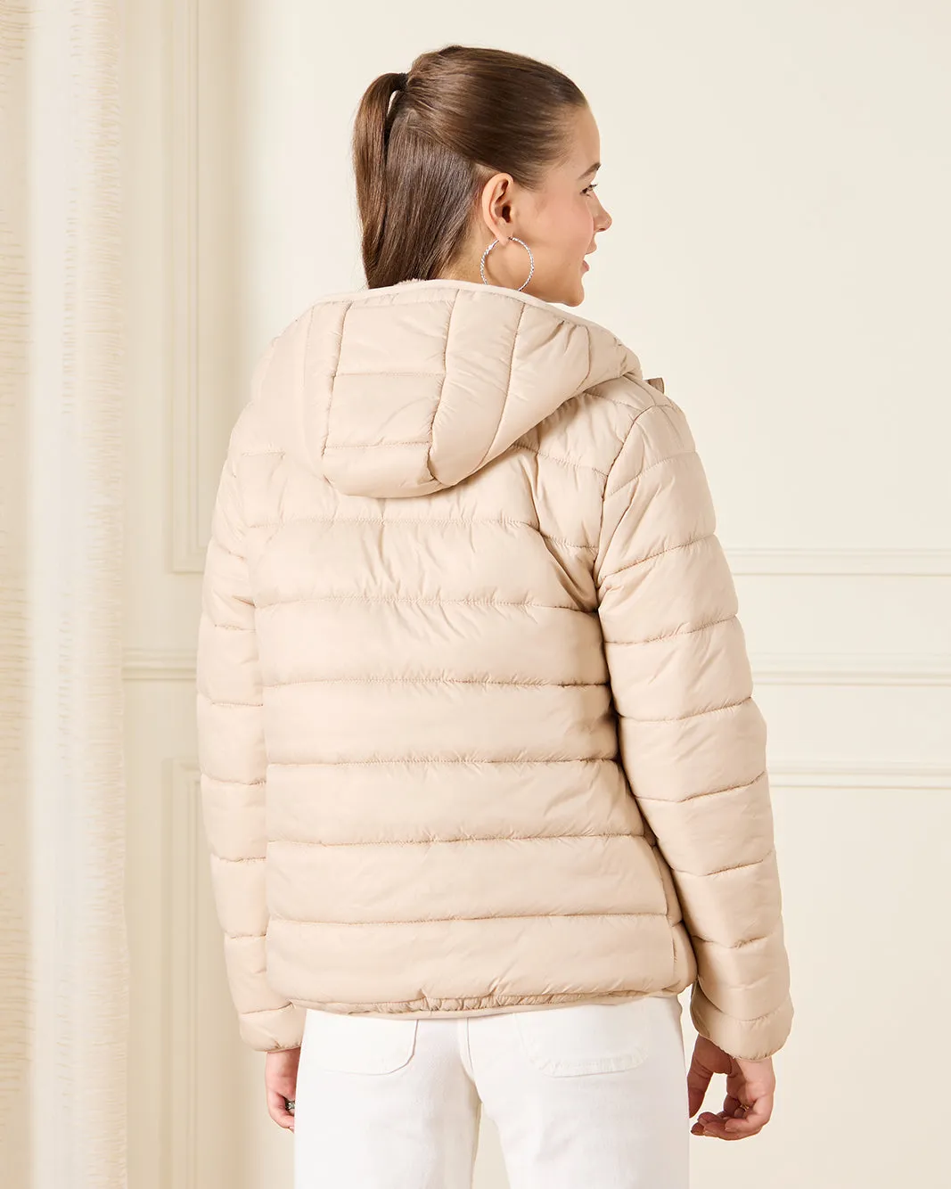 Senior Girls Beige Hooded Padded Jacket With Fur Lining sold by Redtag product image thumbnail 3