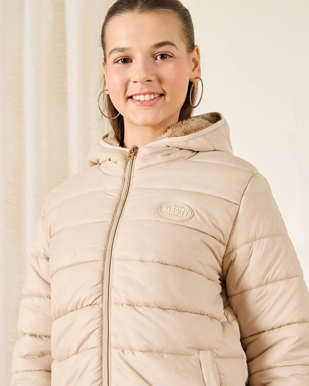 Senior Girls Beige Hooded Padded Jacket With Fur Lining sold by Redtag product image thumbnail 4