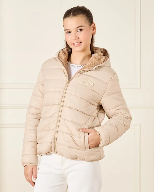 Senior Girls Beige Hooded Padded Jacket With Fur Lining sold by Redtag