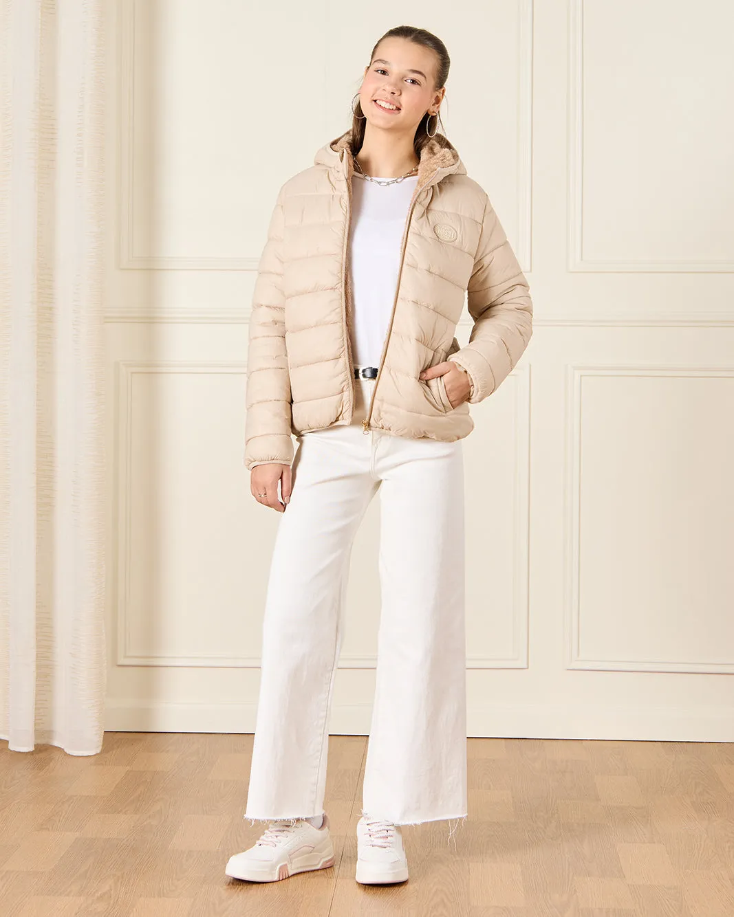 Senior Girls Beige Hooded Padded Jacket With Fur Lining sold by Redtag product image thumbnail 2