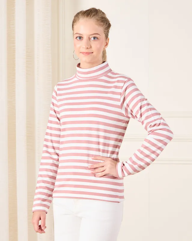 Senior Girls Pink And White Striped Turtle Neck T-Shirt sold by Redtag