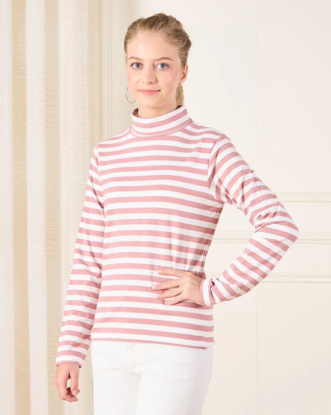 Senior Girls Pink And White Striped Turtle Neck T-Shirt sold by Redtag