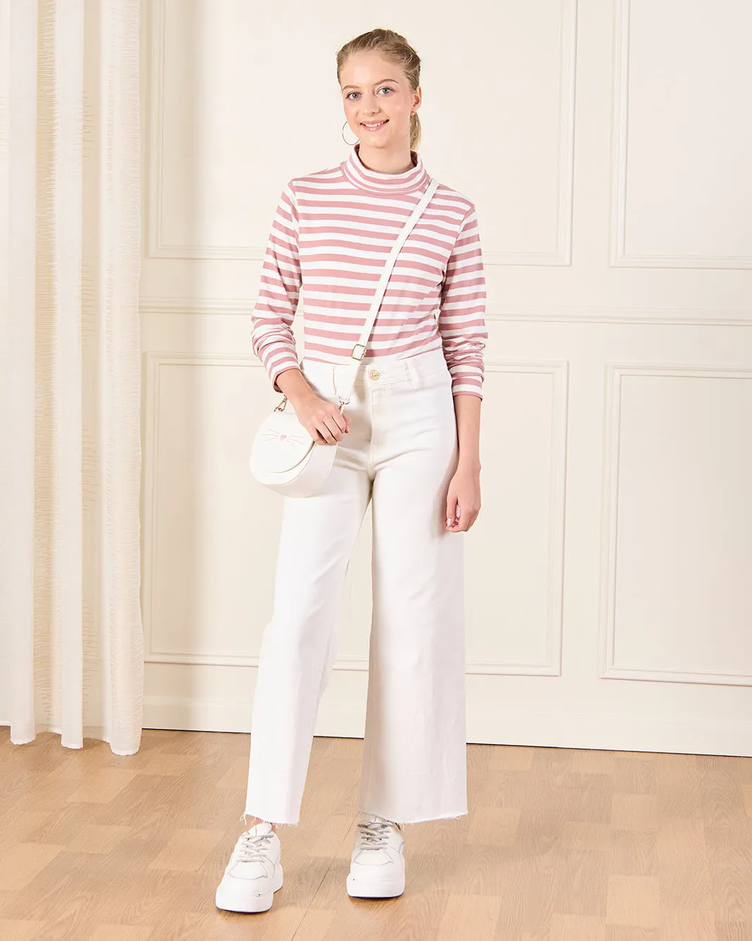 Senior Girls Pink And White Striped Turtle Neck T-Shirt sold by Redtag product image thumbnail 2