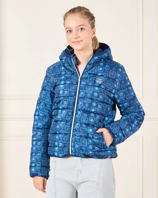 Senior Girls Blue Printed Padded Hooded Jacket sold by Redtag