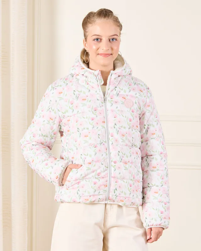 Senior Girls White Floral Padded Hooded Jacket sold by Redtag