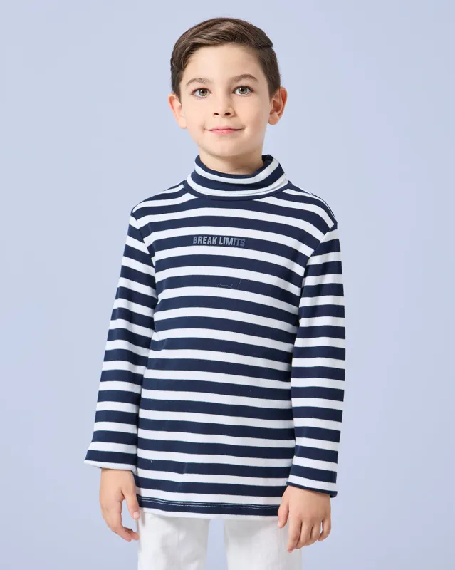Boys Navy Striped High Neck T-Shirt sold by Redtag