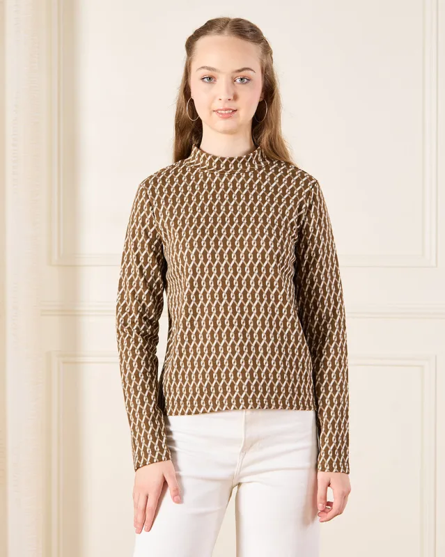 Senior Girls Brown Embellished High neck Jacquard Top sold by Redtag