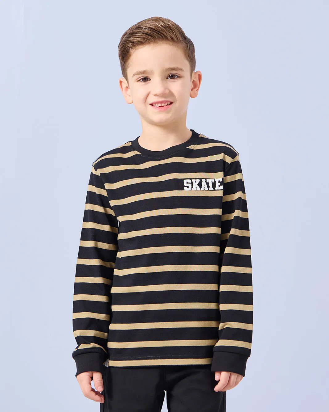 Boys Black And Mustard Striped Long Sleeve T-Shirt sold by Redtag