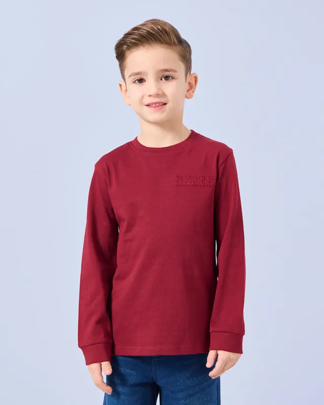 Boys Burgundy Embroidered Long Sleeve T-Shirt sold by Redtag
