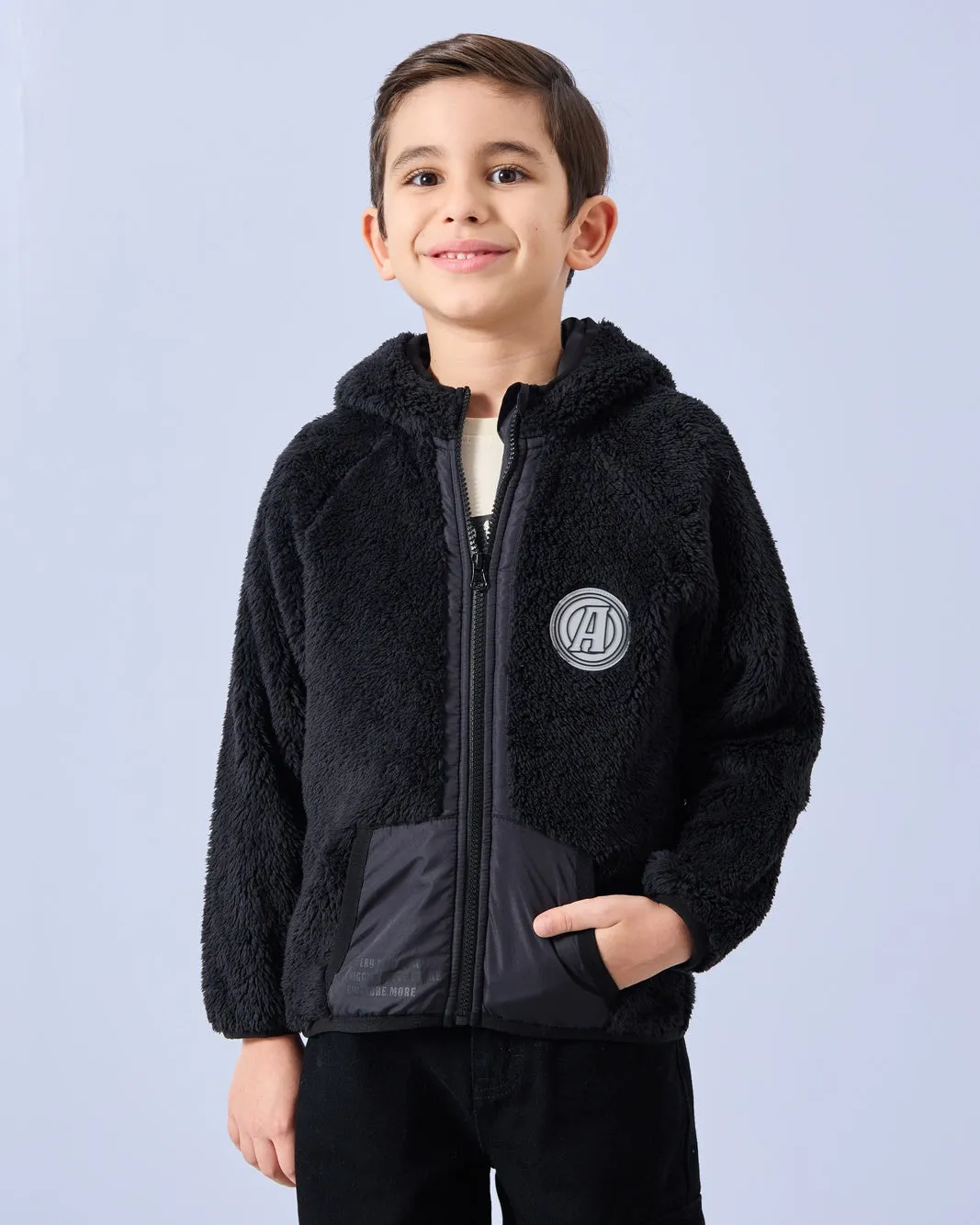 Boys Black Teddy Fur Hooded Sweatshirt sold by Redtag