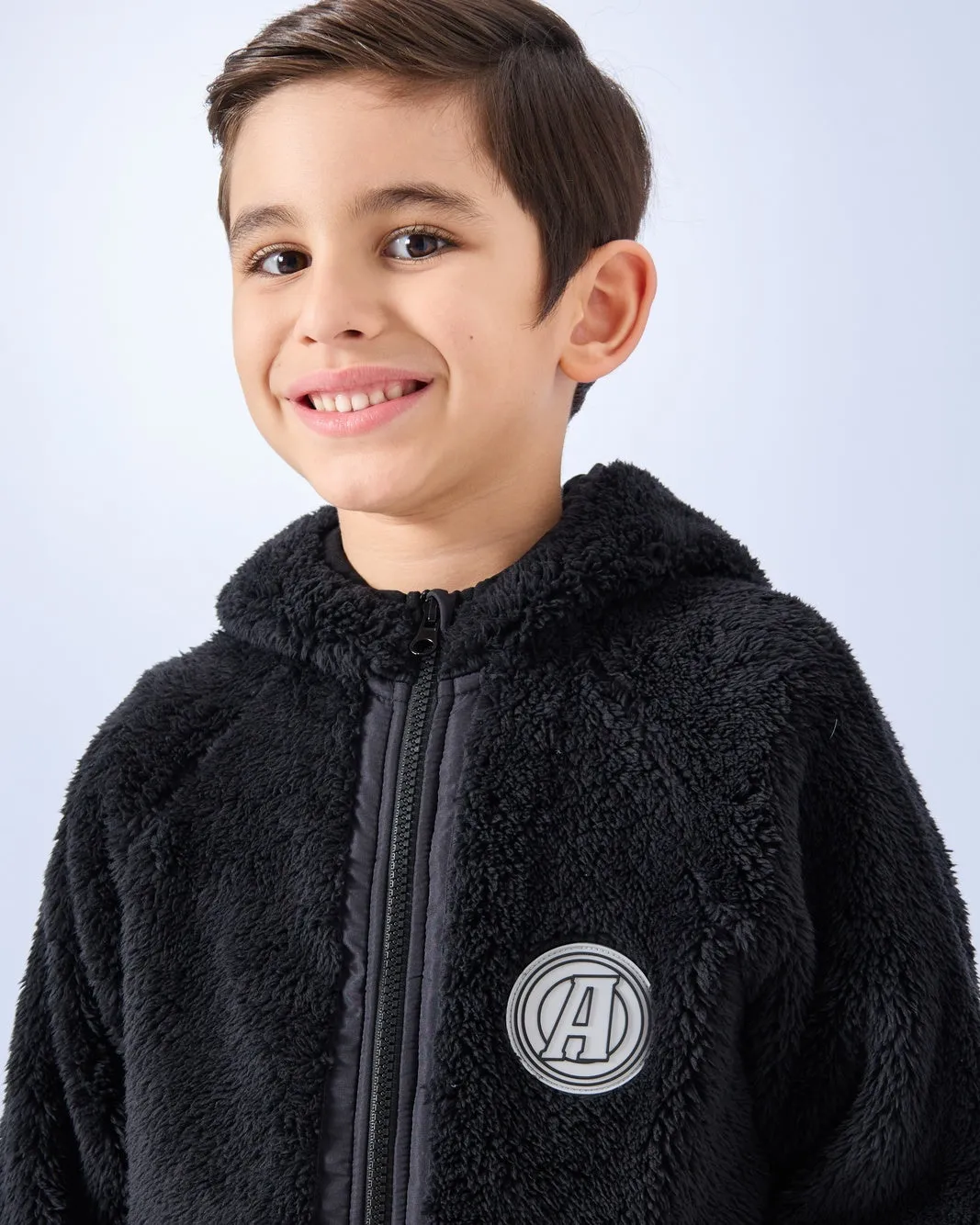 Boys Black Teddy Fur Hooded Sweatshirt sold by Redtag product image thumbnail 4
