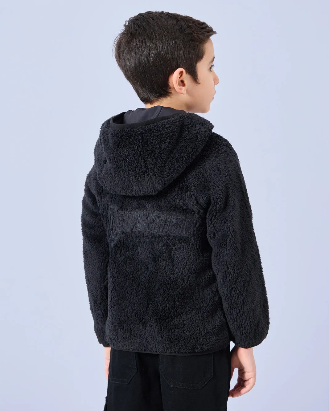Boys Black Teddy Fur Hooded Sweatshirt sold by Redtag product image thumbnail 3