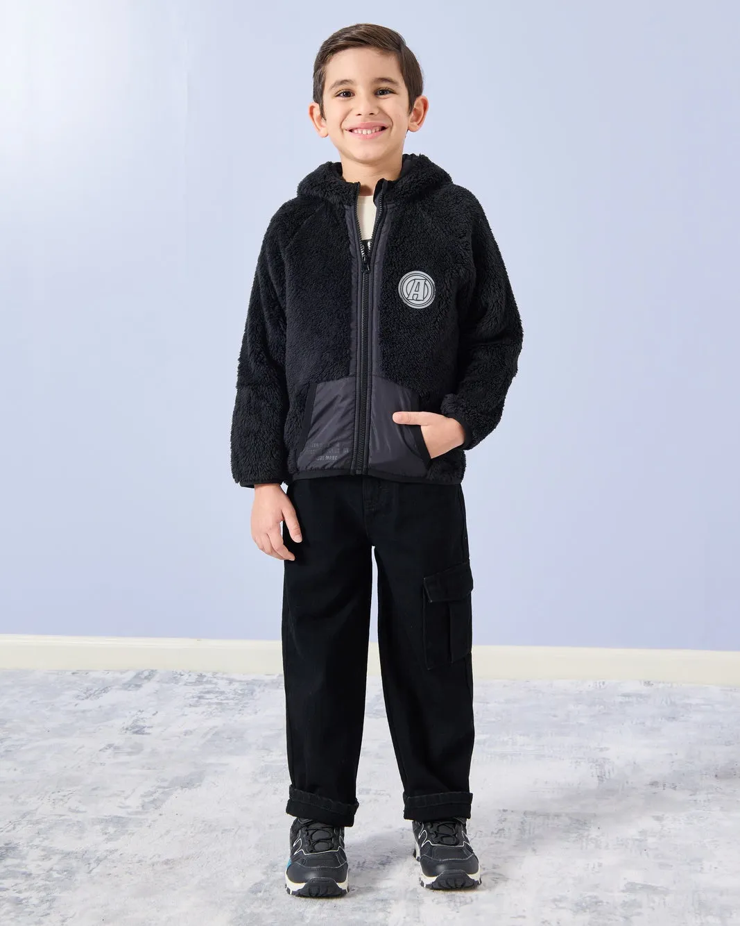 Boys Black Teddy Fur Hooded Sweatshirt sold by Redtag product image thumbnail 2