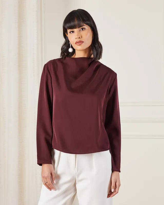 Women Burgundy Plain Satin Blouse sold by Redtag
