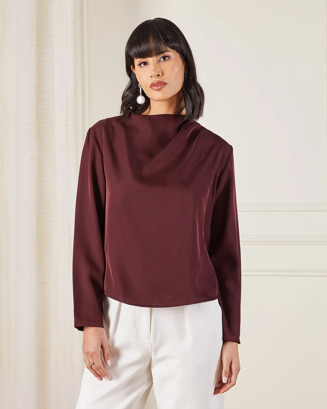 Women Burgundy Plain Satin Blouse sold by Redtag