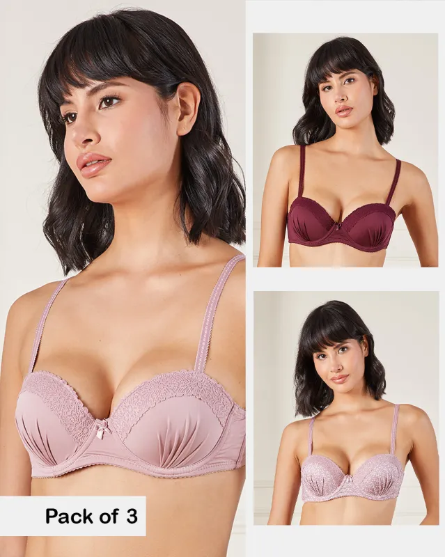 3 Pack Printed & Solid Balconette Bra With Lace And Ruching On Cup sold by Redtag