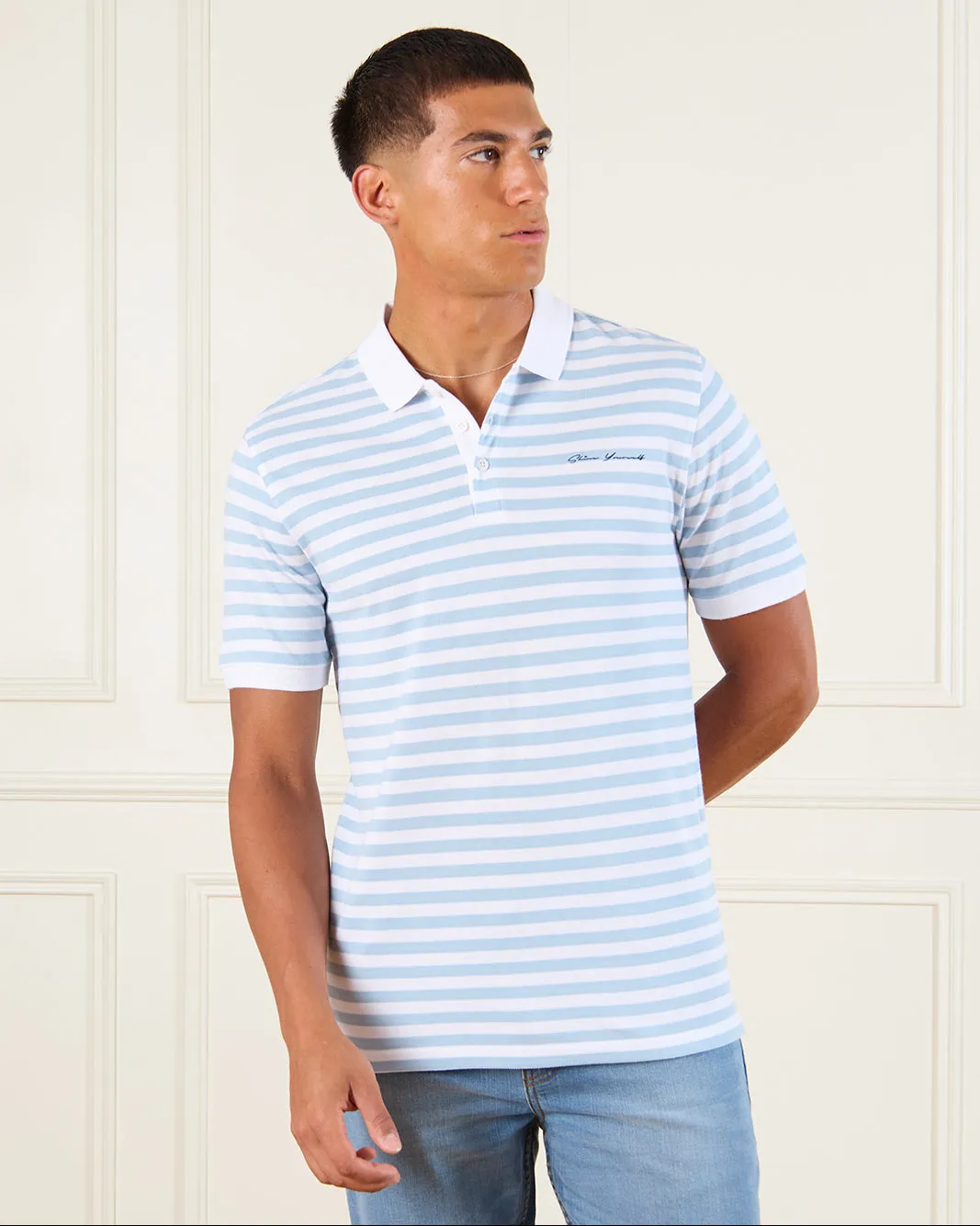 Men Blue Striped Polo Shirt sold by Redtag