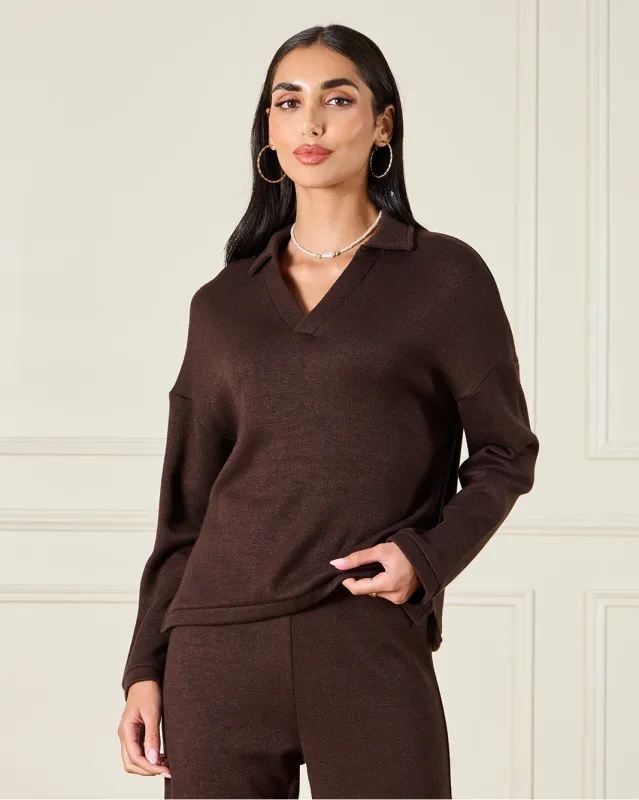 Women Brown Knitted Polo Collar Pullover sold by Redtag