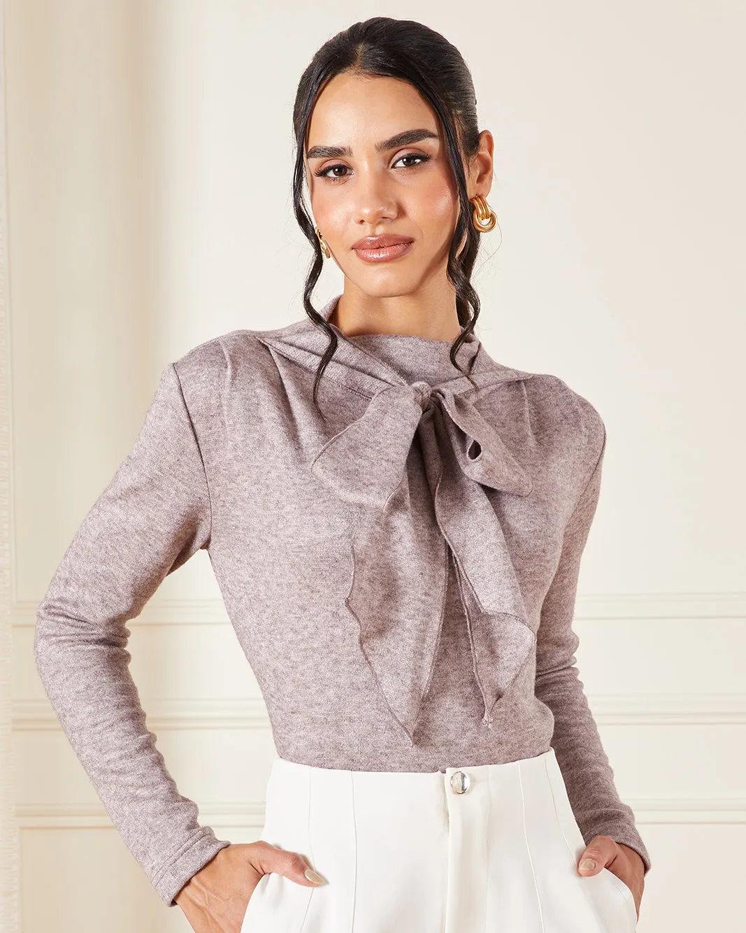 Women Brown Tie Neck Knitted Pullover sold by Redtag product image thumbnail 4