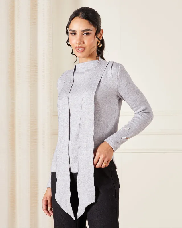 Women Grey Tie Neck Knitted Pullover sold by Redtag