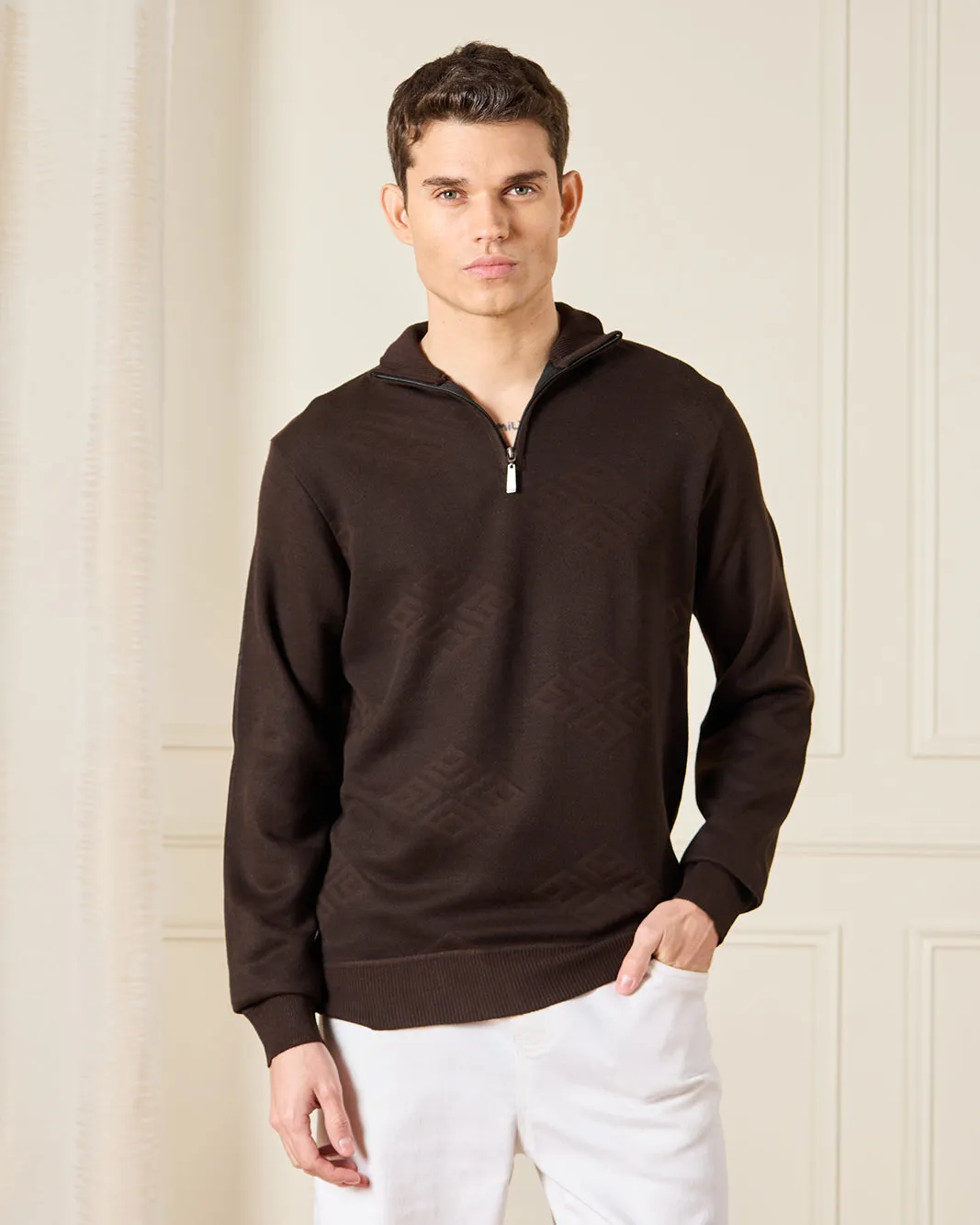 Men Brown Half Zip Through Sweater sold by Redtag
