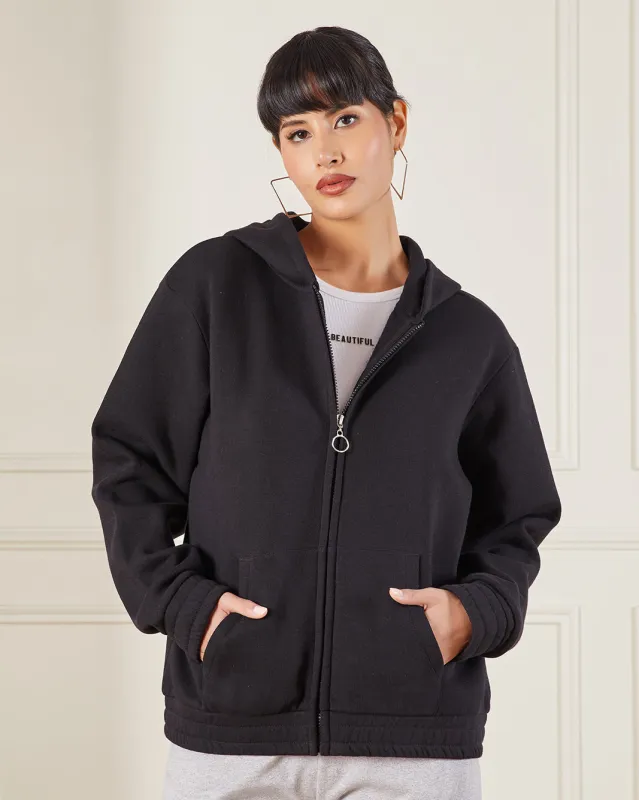 Women Black Basic Zipthru Sweatshirt sold by Redtag