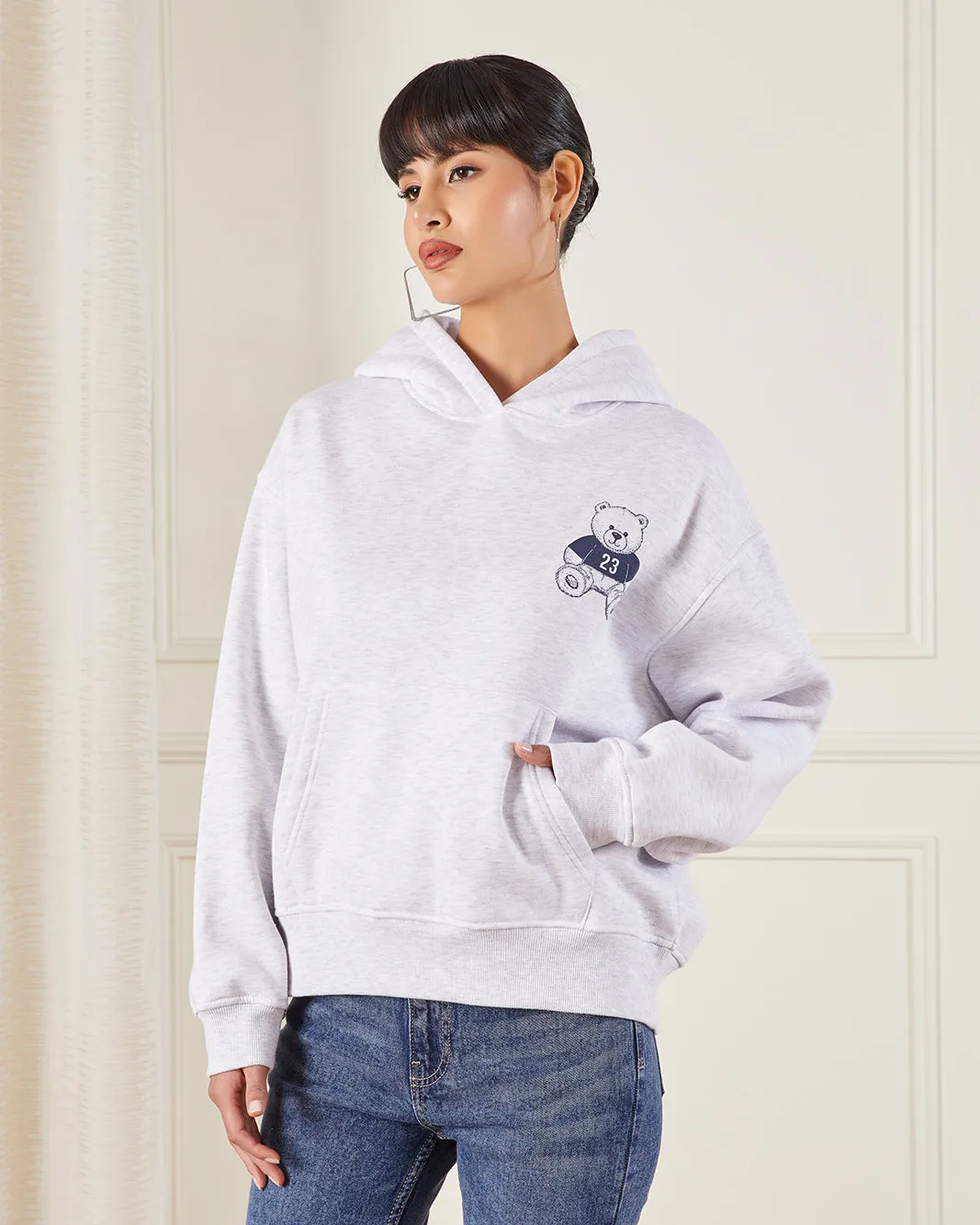 Women Grey Printed Hooded Sweatshirt sold by Redtag