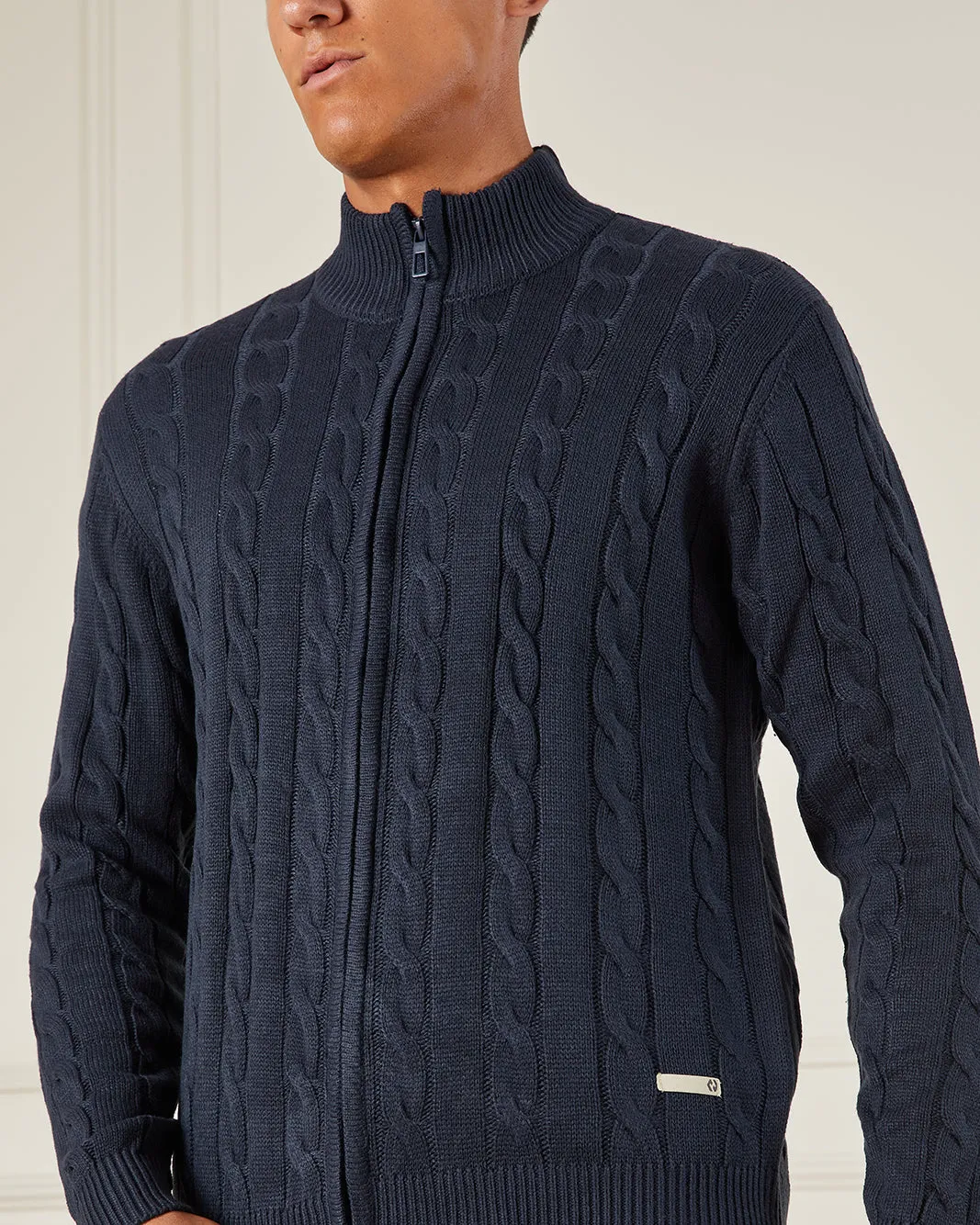 Men Navy Zip Thru Cabel Knit Sweater sold by Redtag product image thumbnail 4
