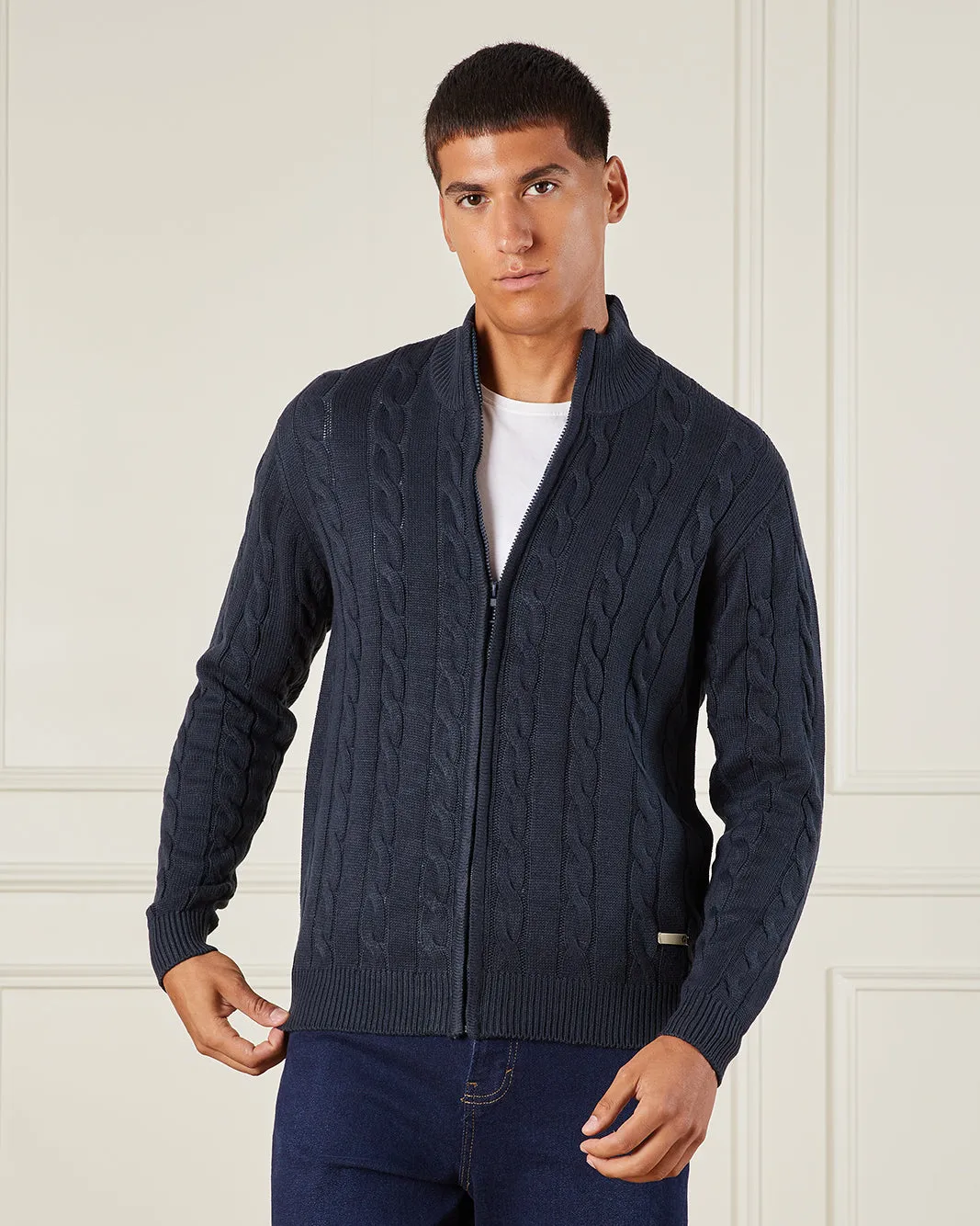 Men Navy Zip Thru Cabel Knit Sweater sold by Redtag