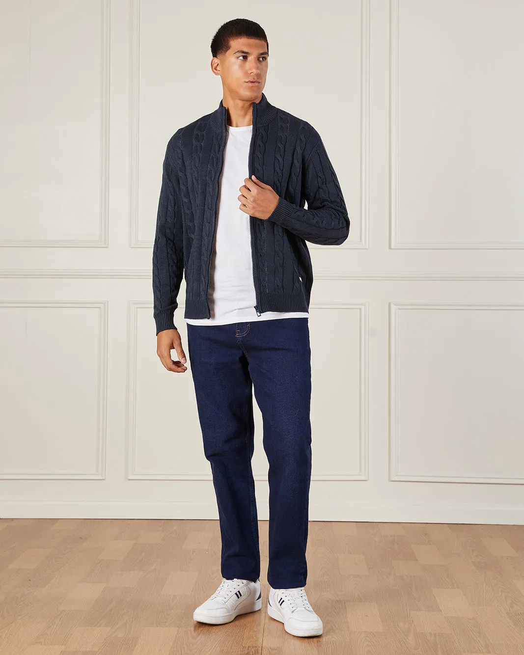 Men Navy Zip Thru Cabel Knit Sweater sold by Redtag product image thumbnail 2