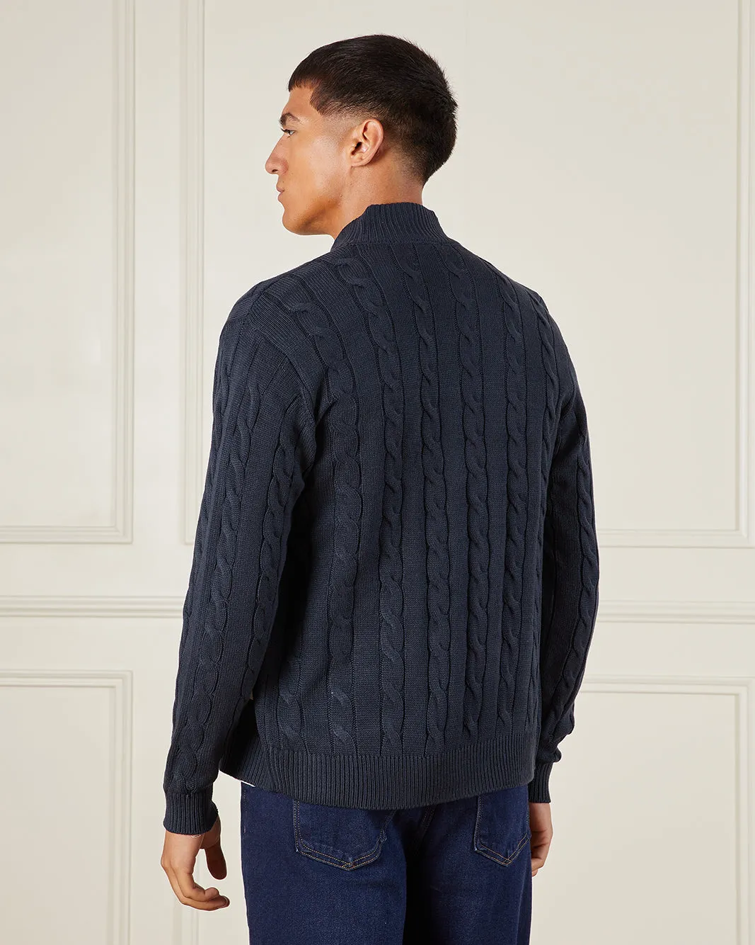 Men Navy Zip Thru Cabel Knit Sweater sold by Redtag product image thumbnail 3