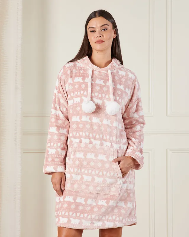Women Pink Fleece Hooded Nightshirt sold by Redtag