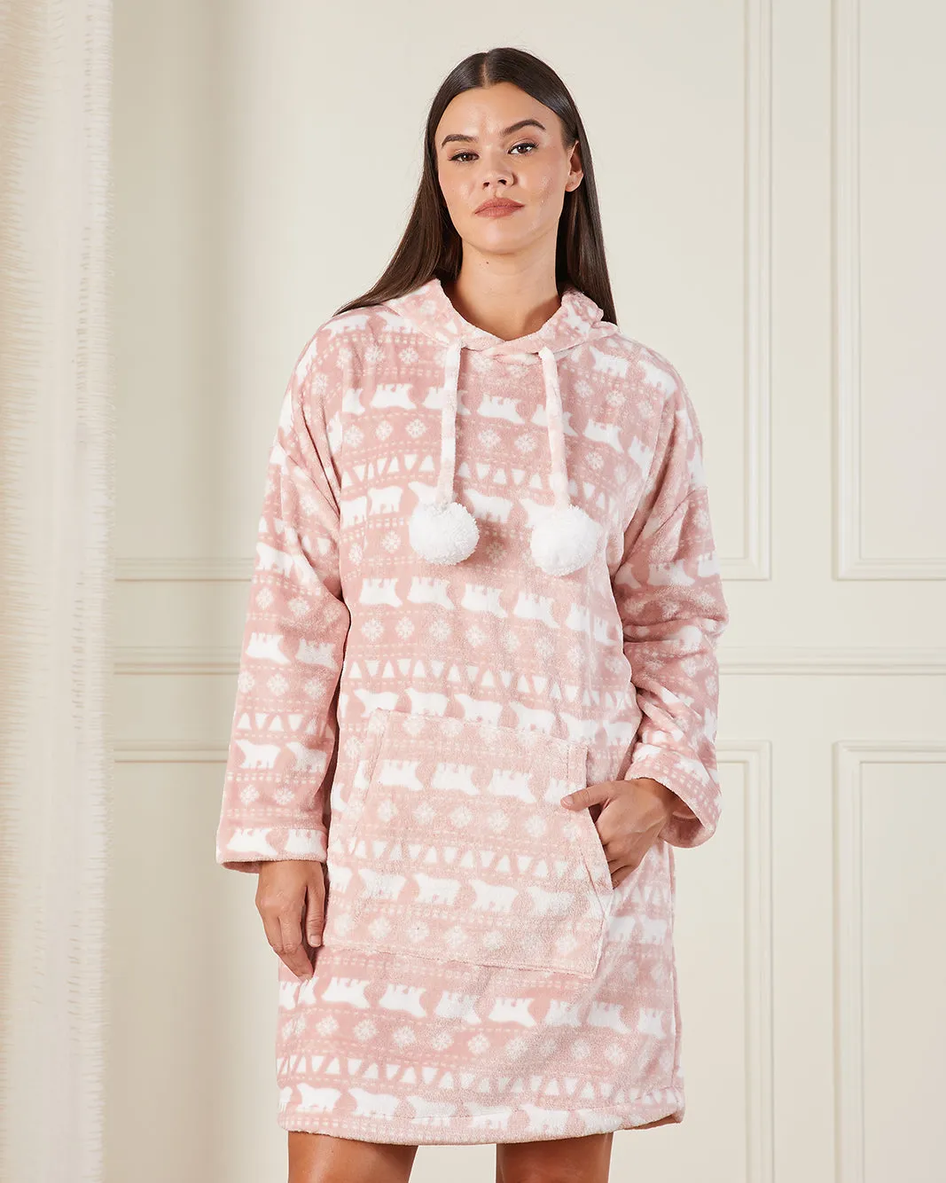 Women Pink Fleece Hooded Nightshirt sold by Redtag