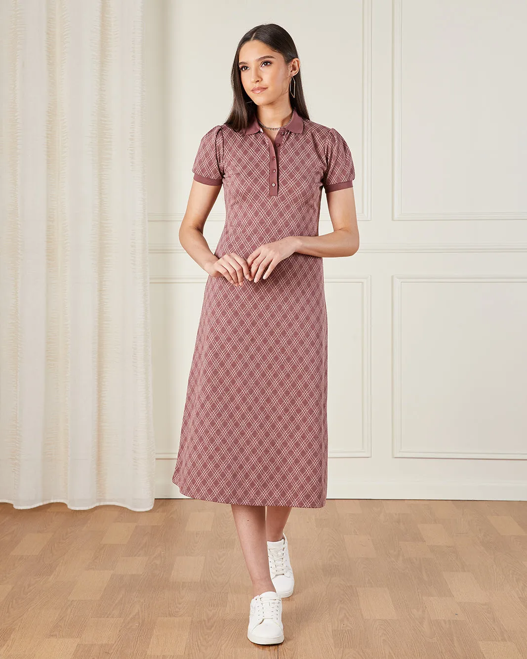 Women Brown Checked Short Sleeve Dress sold by Redtag