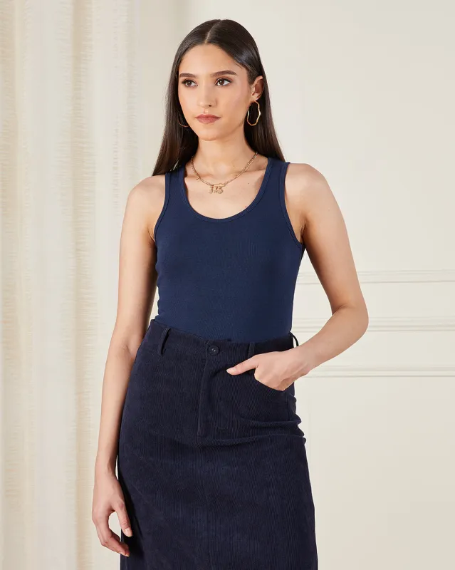 Women Navy Solid Ribbed Vest sold by Redtag
