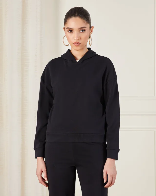 Women Black Basic Hooded Sweatshirt sold by Redtag