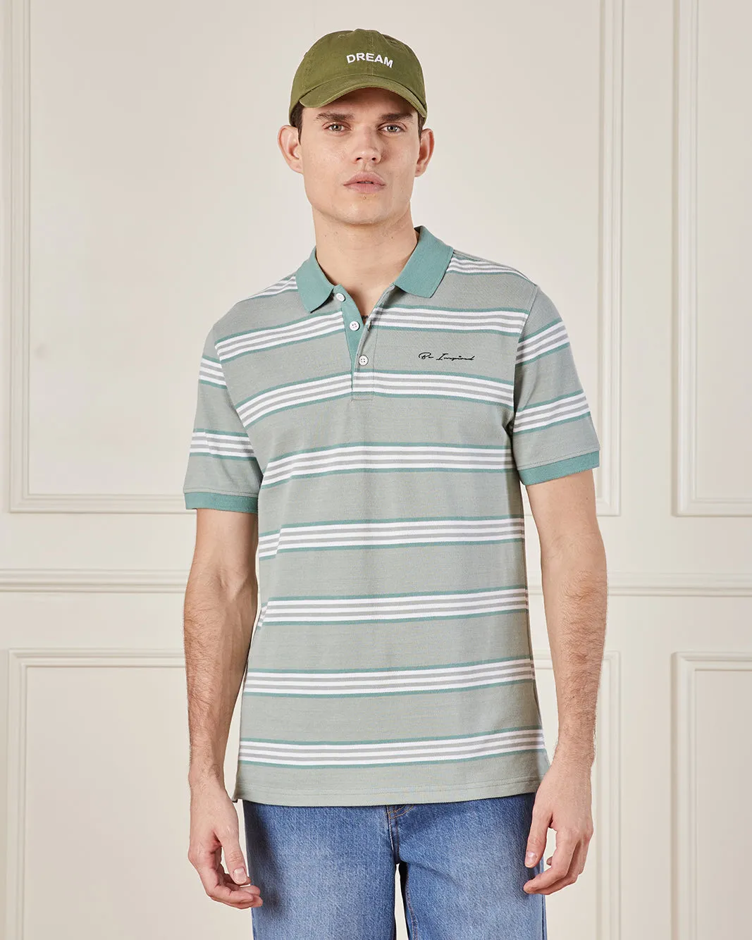 Men Grey Striped Polo Shirt sold by Redtag