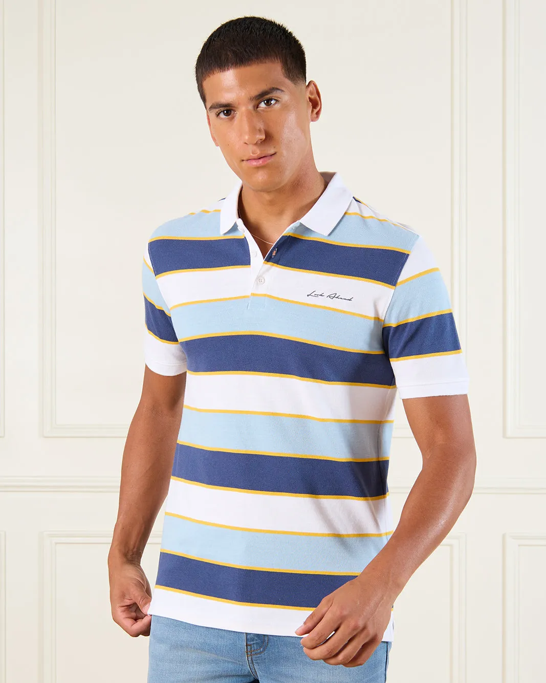 Men White Striped Polo Shirt sold by Redtag