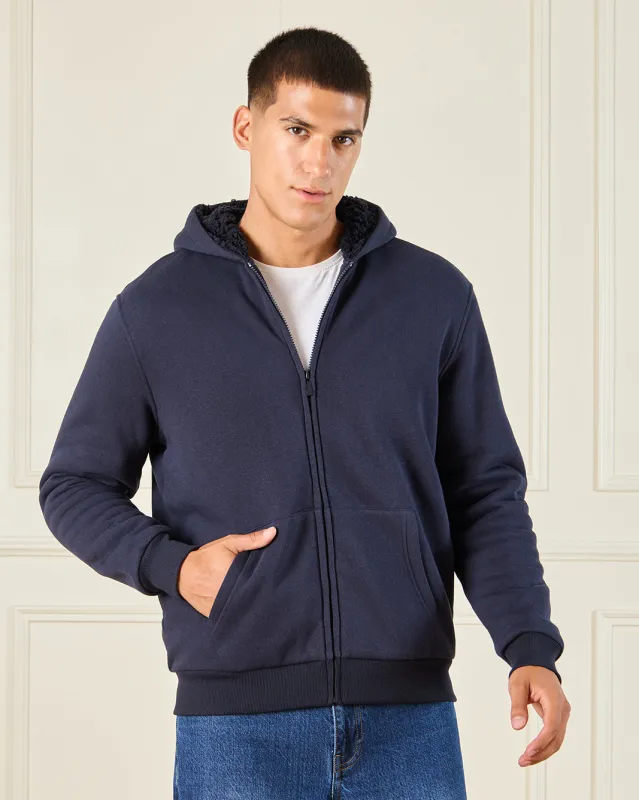 Men Navy Faux Fur Lined Hooded Sweatshirt sold by Redtag