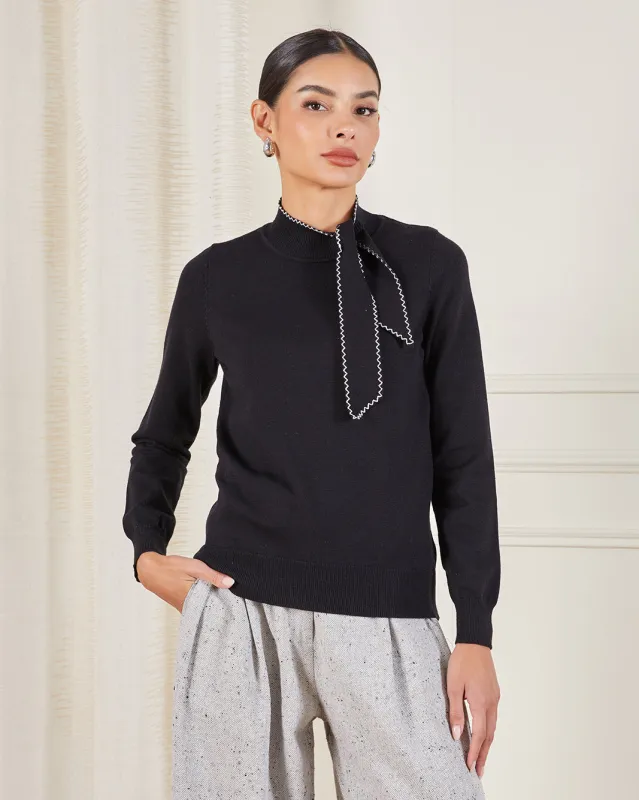 Women Black Bow Tie Neck Pullover sold by Redtag
