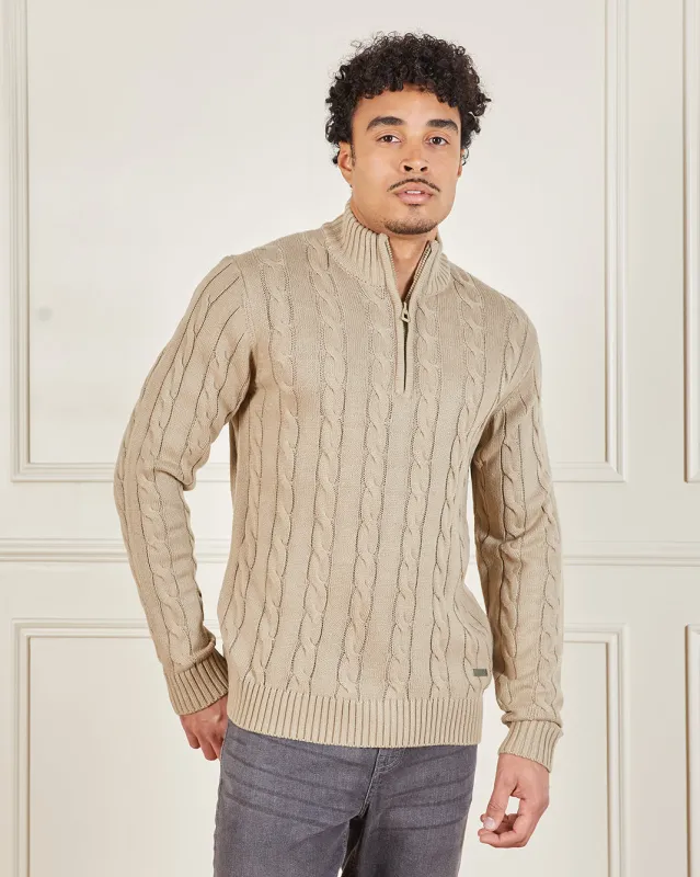 Men Ivory Zip Placket Cabel Knit Pullover sold by Redtag