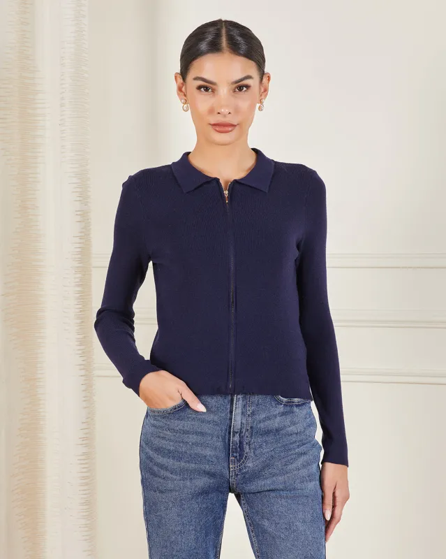 Women Navy Zipper Front Knitted Top sold by Redtag